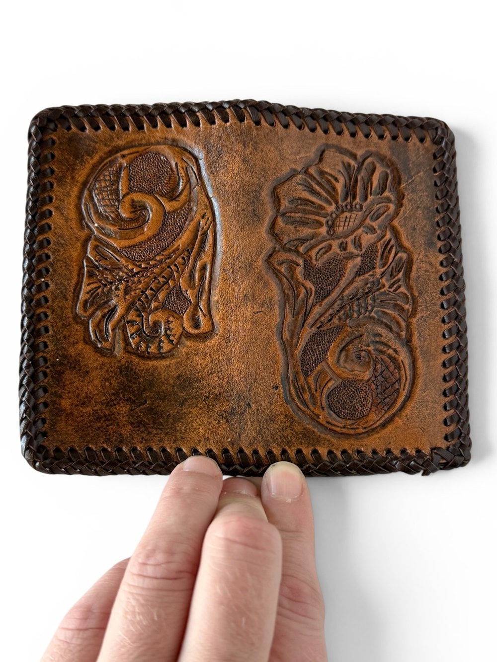 Vintage Hand Tooled Leather Business Card Holder Wallet Whipstitched Floral Brow - Picture 4 of 6